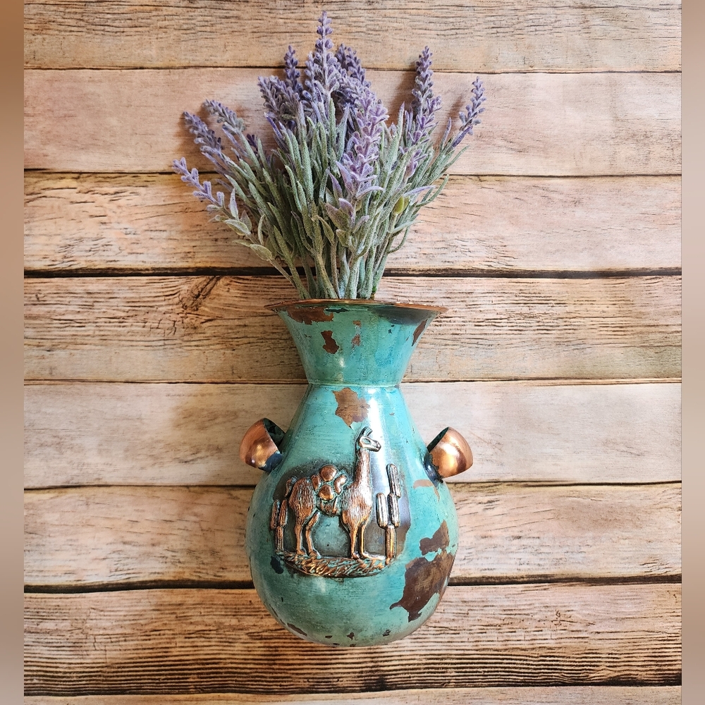 Inca Inspired Metal Vase w/ Faux Lavender Greenery